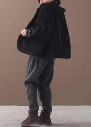 French winter Plus Size patchwork hooded clothes black coat - SooLinen