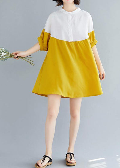 French yellow chiffon dresses Women Fashion o neck patchwork Traveling Summer Dresses - SooLinen