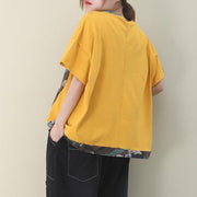 French yellow cotton Blouse o neck patchwork Knee top - SooLinen