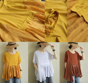 French yellow cotton blouses for women o neck patchwork Art blouses - SooLinen
