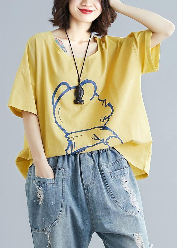 French yellow cotton clothes Cartoon print tunic summer shirts - SooLinen