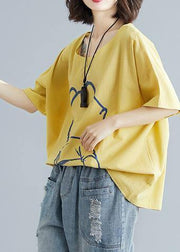 French yellow cotton clothes Cartoon print tunic summer shirts - SooLinen