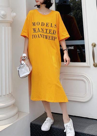 French yellow cotton tunic dress side open Robe summer Dresses - SooLinen