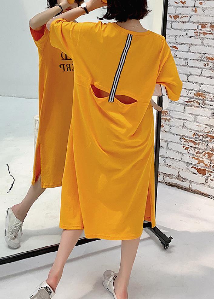 French yellow cotton tunic dress side open Robe summer Dresses - SooLinen