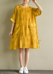 French yellow dotted linen chiffon blended dresses o neck drawstring baggy summer Dress - SooLinen