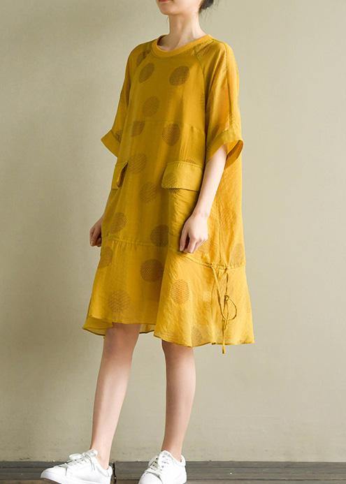French yellow dotted linen chiffon blended dresses o neck drawstring baggy summer Dress - SooLinen