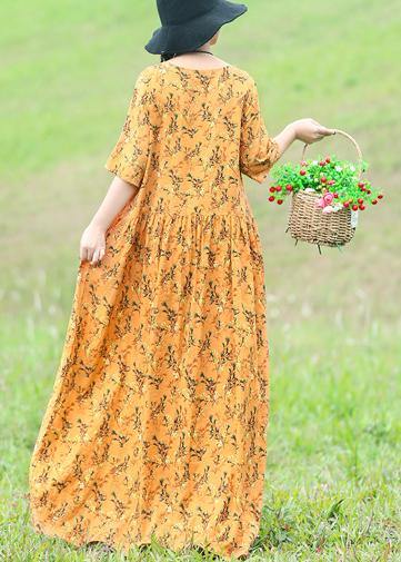 French yellow floral linen dress Casual Shirts o neck Half sleeve Plus Size Clothing Summer Dress - SooLinen