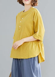 French yellow linen cotton linen tops women blouses Cotton Button Down elastic waist blouse - SooLinen