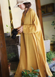 French yellow linen dresses side open linen robes v neck Dress - SooLinen