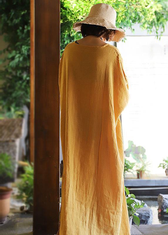 French yellow linen dresses side open linen robes v neck Dress - SooLinen
