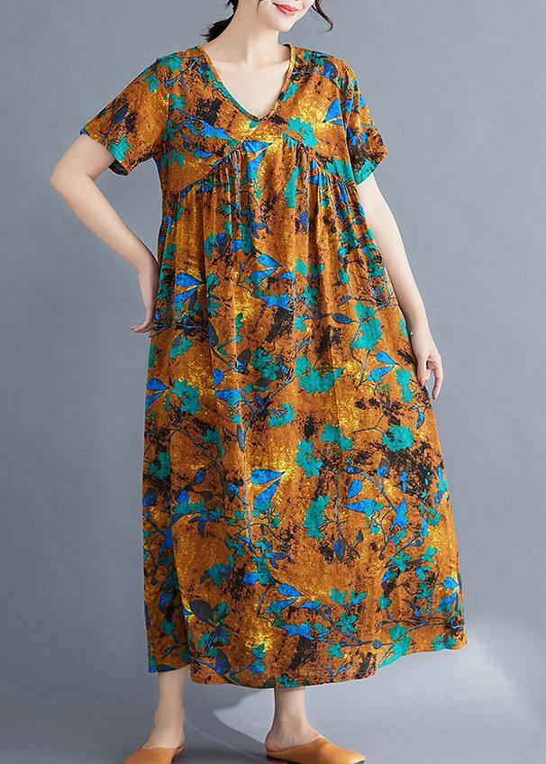 French yellow print cotton linen clothes v neck Cinched loose summer Dress - SooLinen