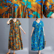 French yellow print cotton linen clothes v neck Cinched loose summer Dress - SooLinen