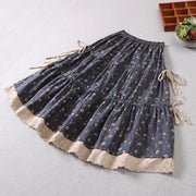 French Blue Hollow Out Patchwork Print Fall Skirt