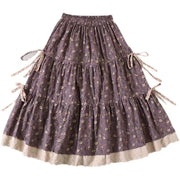 French Blue Hollow Out Patchwork Print Fall Skirt