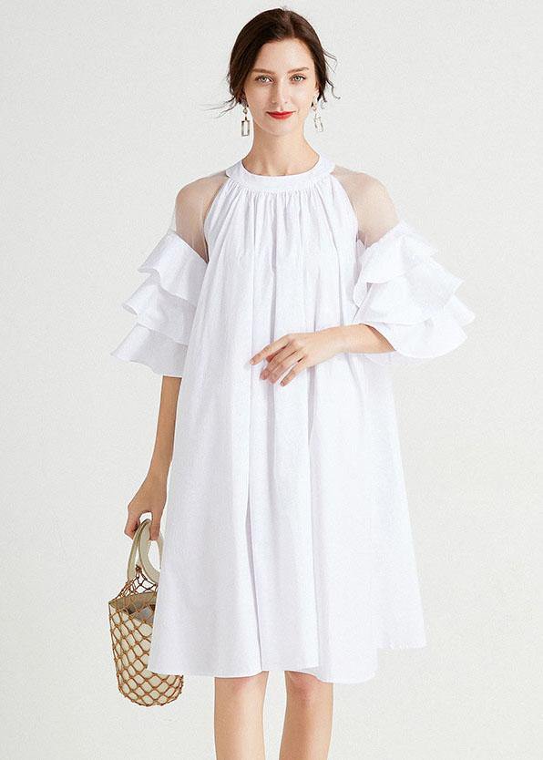 French White Hollow Out Ruffles Summer Cotton Holiday Dress - SooLinen