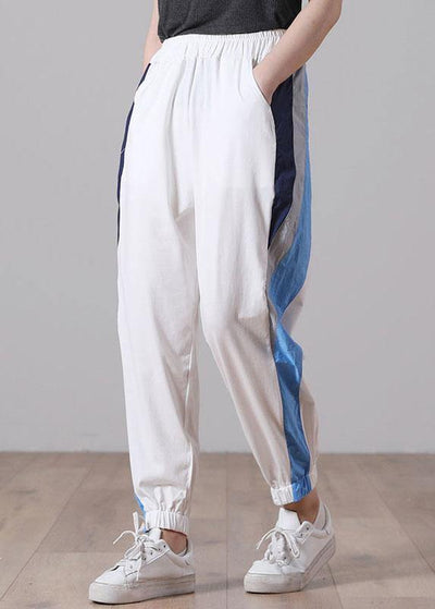 French White Patchwork Sports  Pants Trousers Cotton - SooLinen