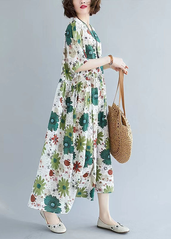 French Green print linen clothes For Women Omychic Inspiration o neck pockets Maxi Summer Dress