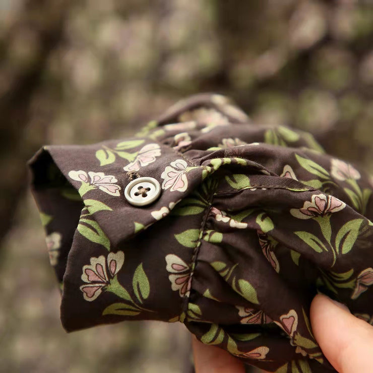 Baumwoll-Leinen-Tops mit französischem Schokoladen-Print Frauen Organic Tutorials Button-Down-Kleider Hemden