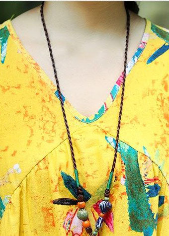 French o neck tie waist linen cotton quilting yellow print Dress summer