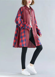 French red plaid clothes lapel patchwork baggy tops