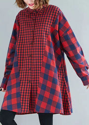 French red plaid clothes lapel patchwork baggy tops