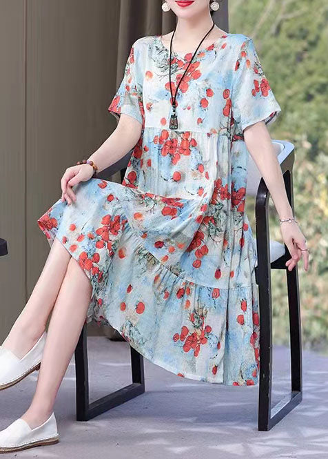 French red print Cotton clothes o neck pockets Art summer Dresses