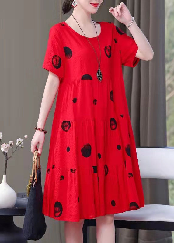 French red print Cotton clothes o neck pockets Art summer Dresses