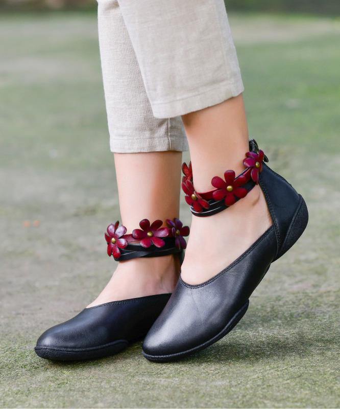 Genuine Leather Black Flat Shoes For Women Buckle Strap Flat Shoes For Women - SooLinen