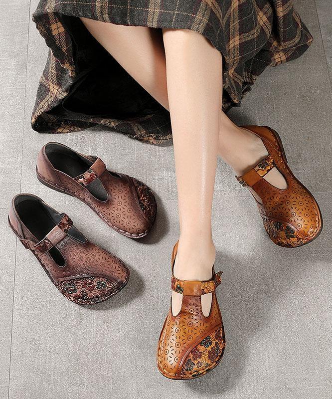 Genuine Leather Brown Flat Shoes Embossed Flats - SooLinen