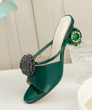 Genuine Leather Sandals Green Splicing Peep Toe Floral Zircon