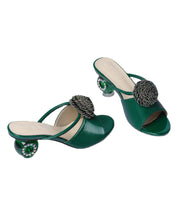 Genuine Leather Sandals Green Splicing Peep Toe Floral Zircon