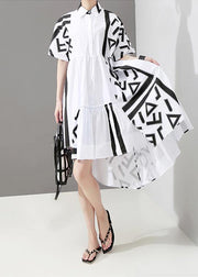 Geometric Printed Woman Summer Stylish White Midi Shirt Dress - SooLinen