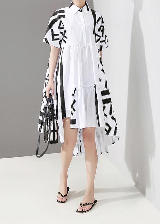 Geometric Printed Woman Summer Stylish White Midi Shirt Dress - SooLinen