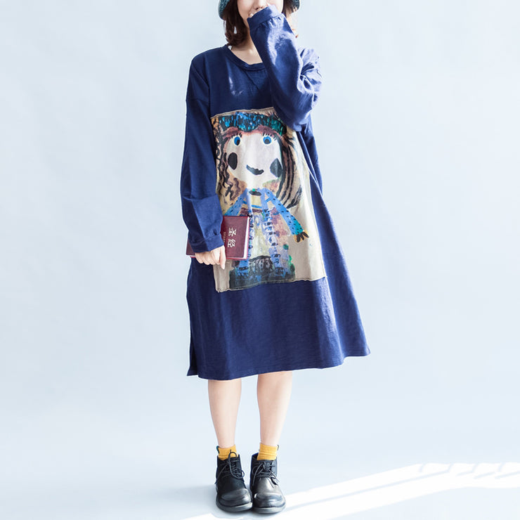 Girl print navy cotton dresses oversize caftans shift dress causal style