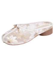 Gold Chunky Slide Sandals Tulle Comfy Splicing Hollow Out Embroidered