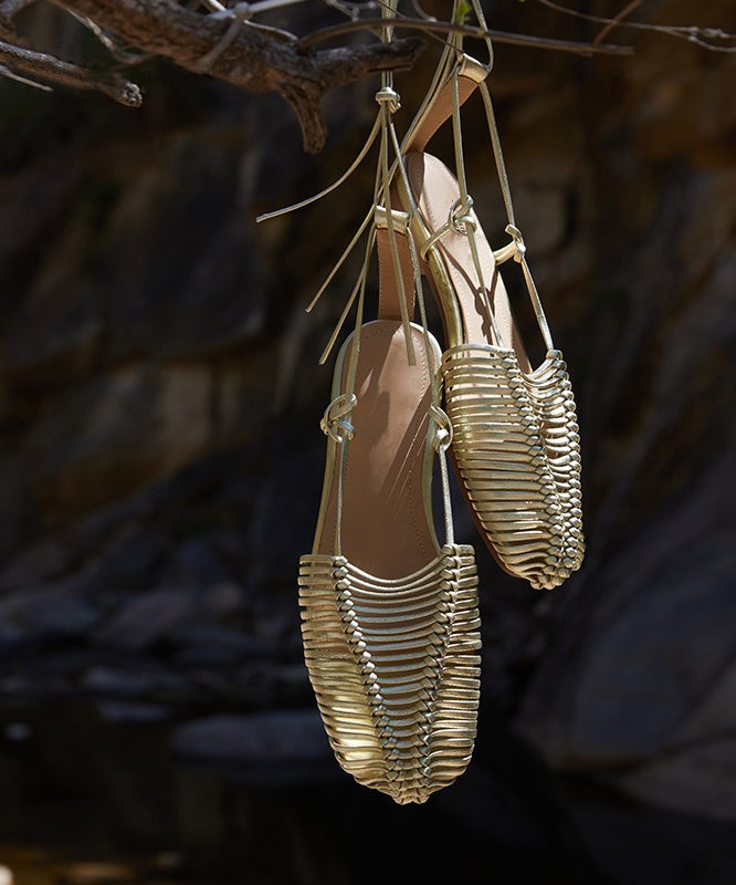 Gold Hiking Sandals Handmade Splicing Hollow Out Lace Up