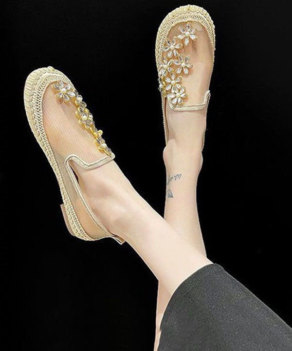 Gold Penny Loafers Breathable Mesh Retro Splicing Floral Zircon