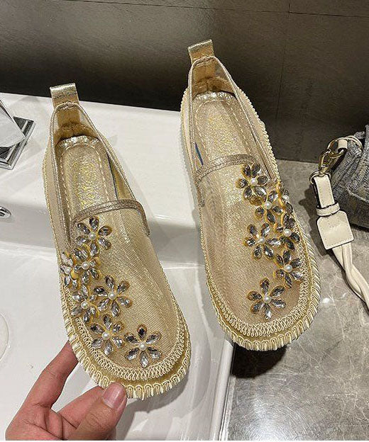 Gold Penny Loafers Breathable Mesh Retro Splicing Floral Zircon