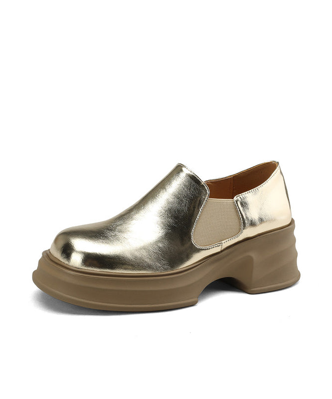 Gold Platform Cowhide Leather Casual Splicing Loafers For Women