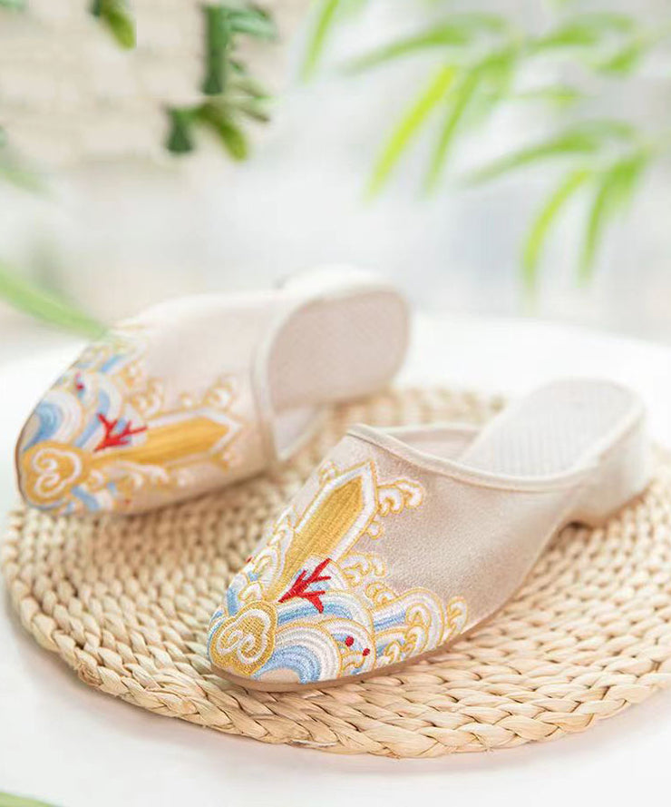 Gold Satin Slide Sandals Splicing Pointed Toe Embroidered Women