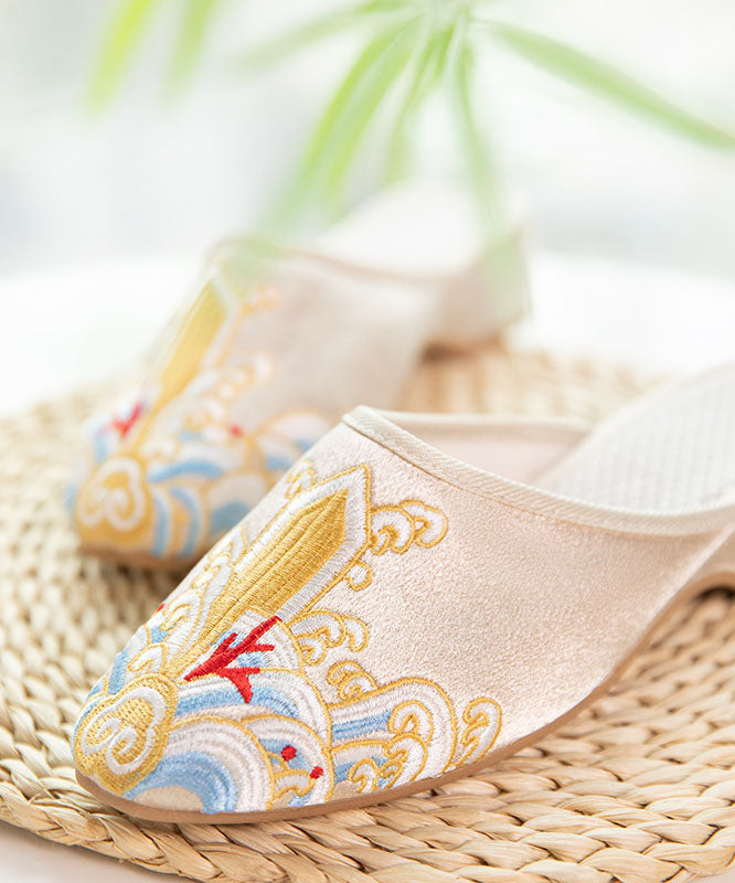 Gold Satin Slide Sandals Splicing Pointed Toe Embroidered Women