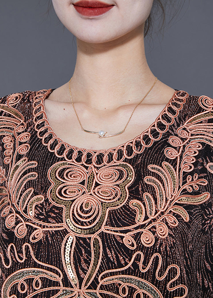 Golden Loose Silk Mid Dress Embroidered Sequins Bracelet Sleeve