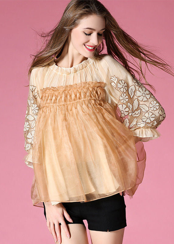 Golden Organza A Line Top Embroidered Wrinkled Half Sleeve
