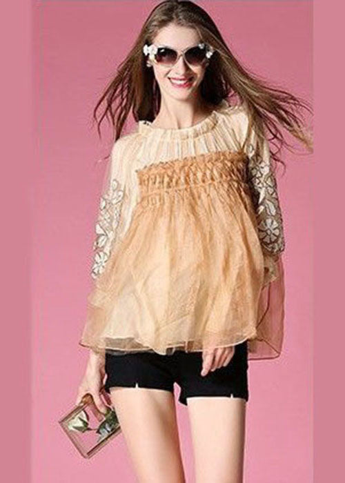 Golden Organza A Line Top Embroidered Wrinkled Half Sleeve