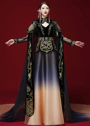 Gradient Color Black High Waist Embroidered Silk Velour Mantle And Dress Two Piece Set Long Sleeve