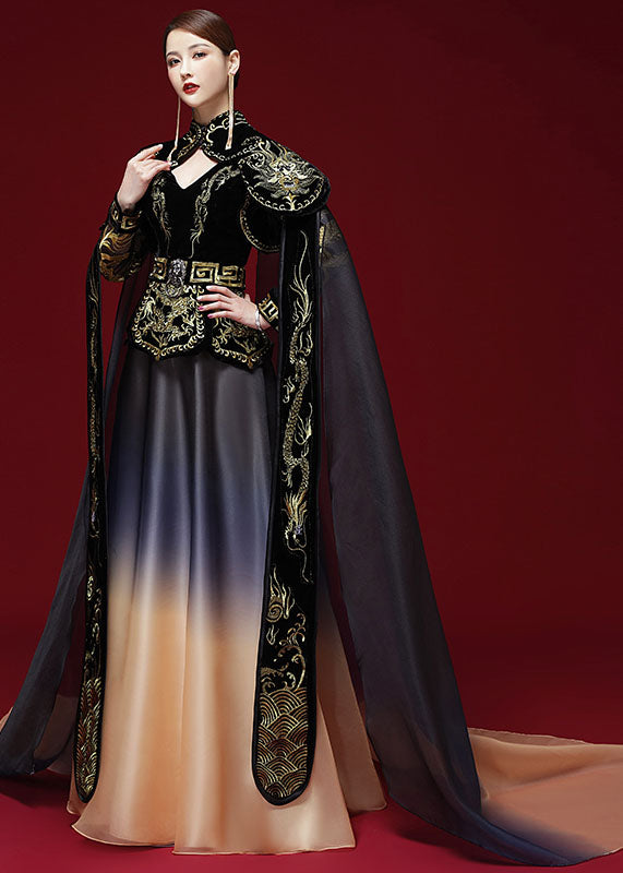 Gradient Color Black High Waist Embroidered Silk Velour Mantle And Dress Two Piece Set Long Sleeve