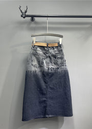 Gradient Color Black Pockets Print High Waist Sashes Button Long Skirts Summer