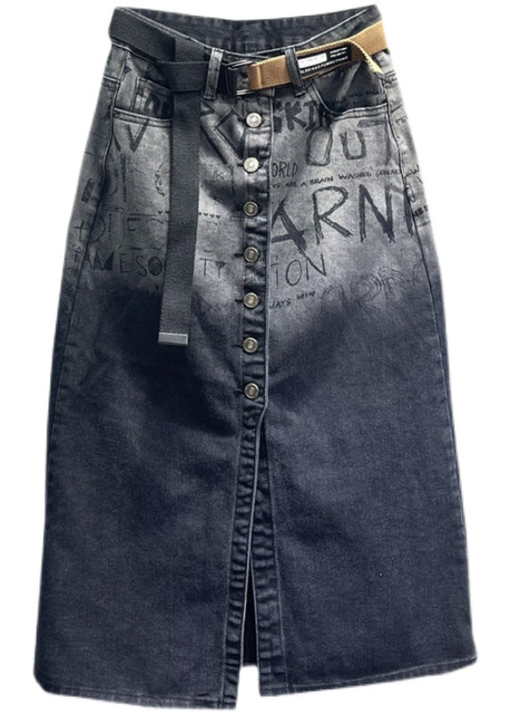 Gradient Color Black Pockets Print High Waist Sashes Button Long Skirts Summer