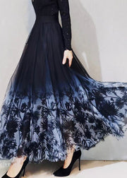 Gradient Color Black Print High Waist Pleated Skirts Spring