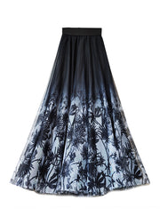 Gradient Color Black Print High Waist Pleated Skirts Spring